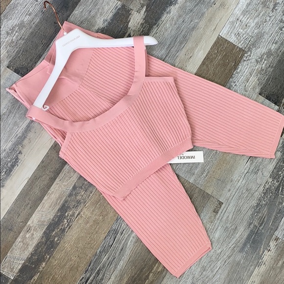 Co-ord set pink rose rib crop top & long shorts brand NWT ribbed stretch pink - Picture 11 of 12